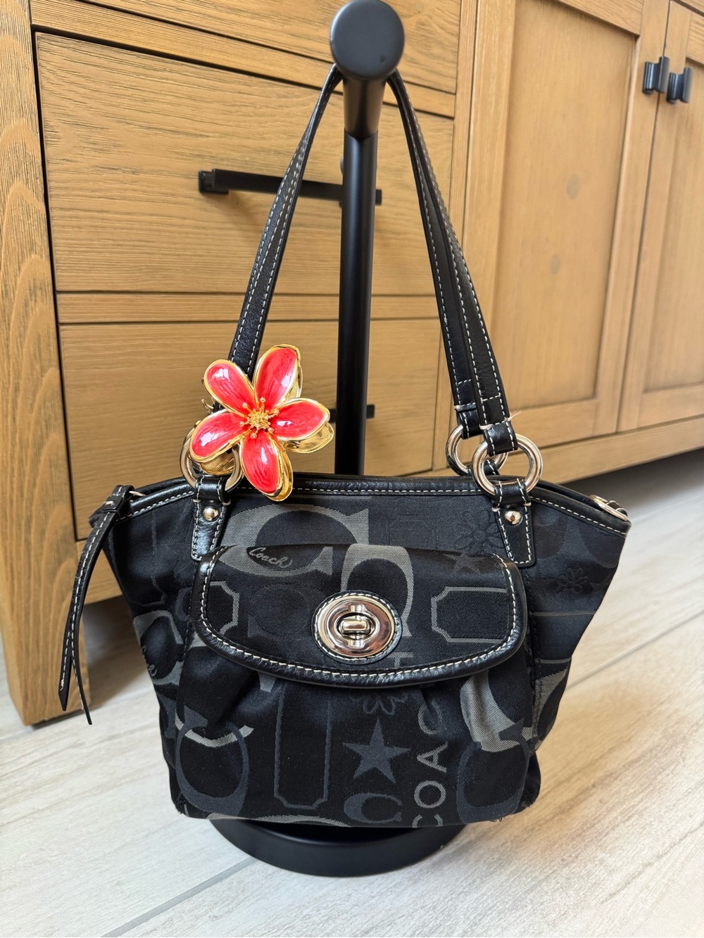 Coach Black Signature Canvas Shoulder Bag with Gold-Tone Turnlock